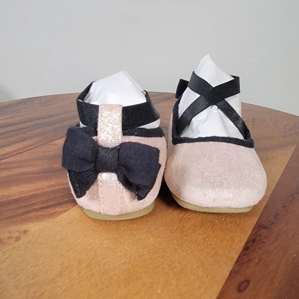 Cat & Jack Pink Shimmer Ballet Flats Girls Size 8 Criss Cross Top Back Bow
